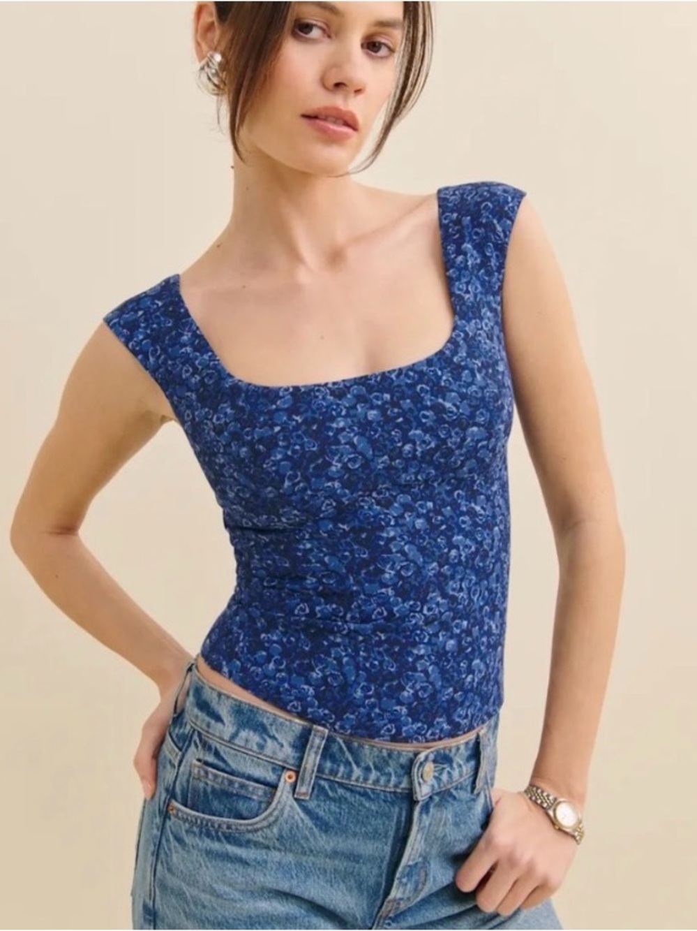 Reformation Blue Floral Square-Neck Crop Top